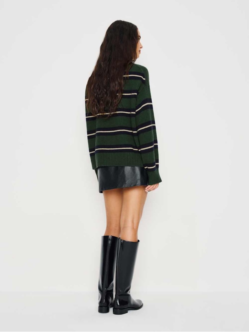 REFORMATION Cove Cashmere Oversized Crew Dark Pine Multi Stripe Green Sweater XS - Picture 5 of 16